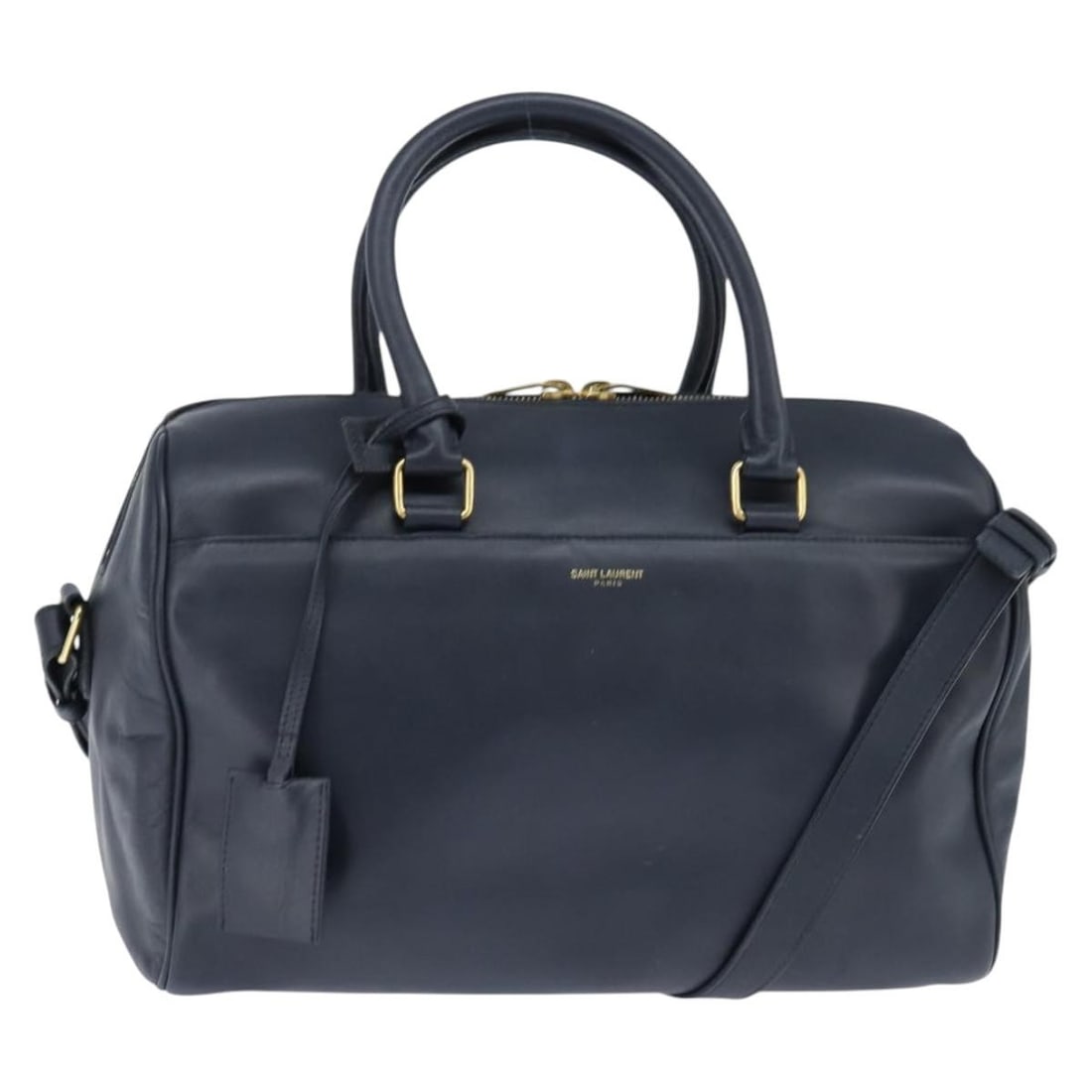 SAINT LAURENT Leather 2way Boston Bag Navy Gold with Shoulder Strap: SAINT LAURENT Leather 2way Boston Bag Navy Gold with Shoulder Strap Saint Laurent mini Boston bag in navy leather with gold-tone accents. This 2-way design includes a shoulder strap and dual handles. 