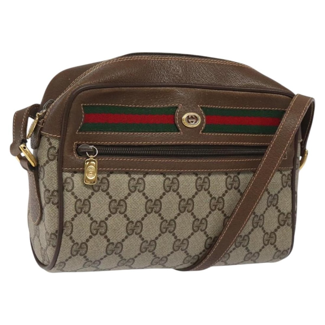 Gucci 56 02 087 GG Supreme Web Shoulder Bag Beige Red Gold: Gucci 56 02 087 GG Supreme Web Shoulder Bag Beige Red Gold Gucci GG Supreme Web Sherry Line shoulder bag in beige, gold, and red PVC leather with GG canvas. Made in Italy, this women's bag features th