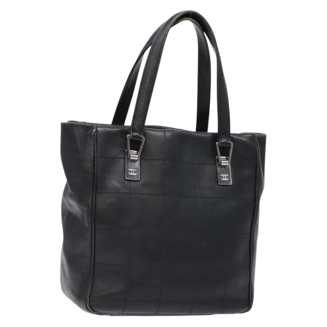 CHANEL Choco Bar Canvas Hand Bag Black Silver COCO Mark: CHANEL Choco Bar Canvas Hand Bag Black Silver COCO Mark Black and silver CHANEL Choco Bar COCO Mark handbag in canvas, made in Italy. The bag measures approximately W23 cm x H24 cm x D11 cm, with a ha