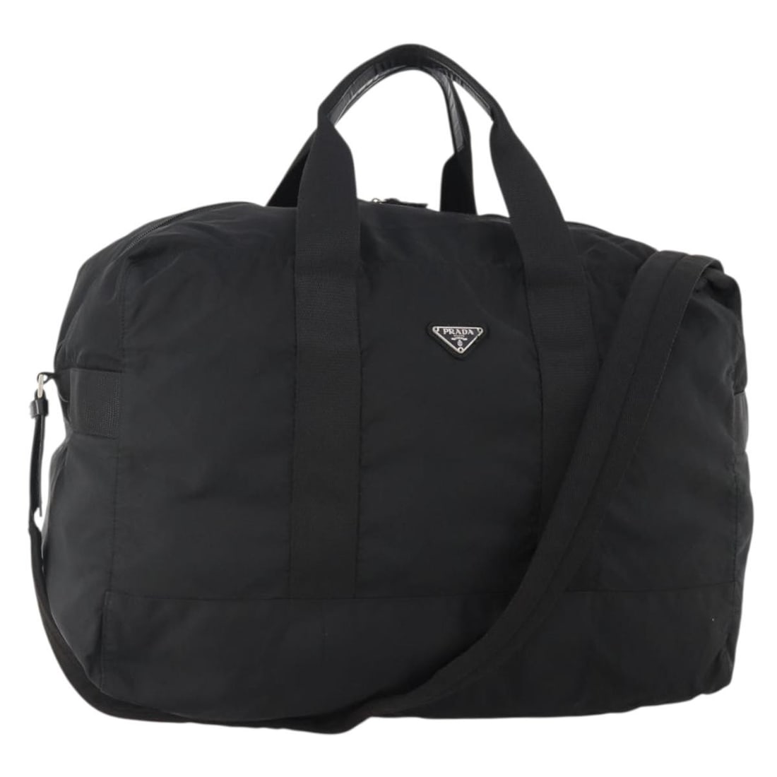 PRADA 2way Nylon Boston Bag Black with Shoulder Strap: PRADA 2way Nylon Boston Bag Black with Shoulder Strap Prada 2-way Boston bag in black nylon with silver-tone accents. Made in Italy, this women's bag includes a shoulder strap and can be carried by th