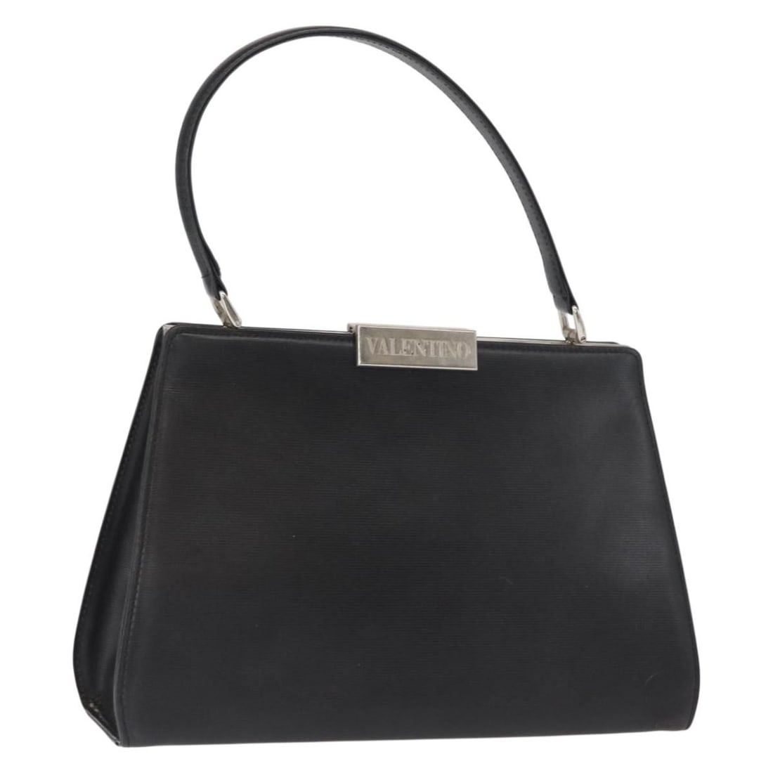 Valentino Black Leather Handbag with Gold Accents: Valentino Black Leather Handbag with Gold Accents This Valentino handbag features a classic black leather exterior with gold-tone accents. The bag is designed with a structured silhouette and includes