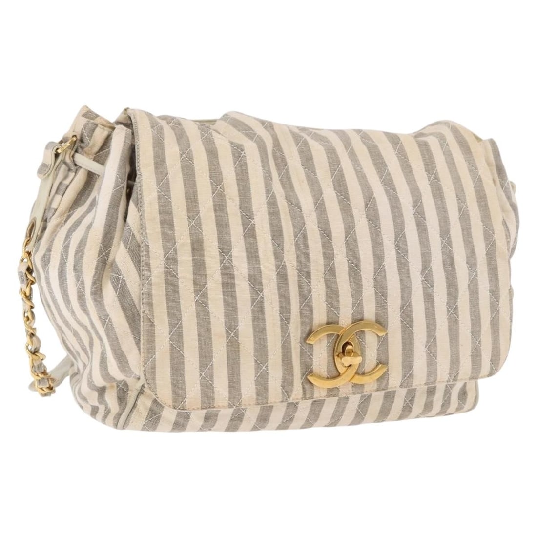 CHANEL CC Gray Canvas Shoulder Bag with Gold Chain: CHANEL CC Gray Canvas Shoulder Bag with Gold Chain CHANEL shoulder bag in gray and gold canvas, made in Italy. It features a matelasse design and a shoulder strap with an approximate 21.7 inch (55 cm)