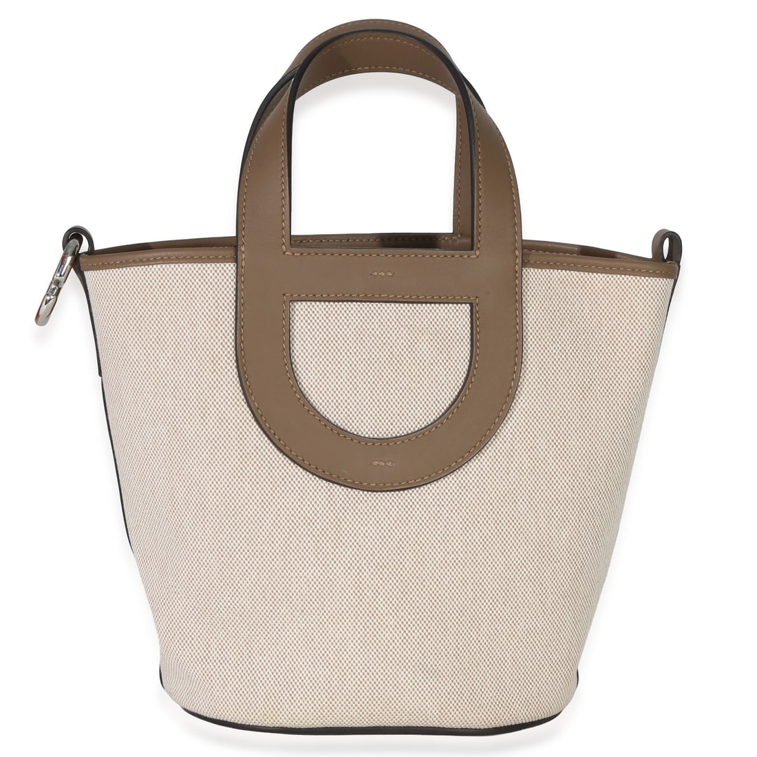 Hermes In The Loop 18 Beige Canvas Top Handle Bag PHW: Hermes In The Loop 18 Beige Canvas Top Handle Bag PHW This Hermes In-The-Loop 18 handbag features a sophisticated combination of Ecru beige and gray canvas, complemented by silver-tone hardware. Craft