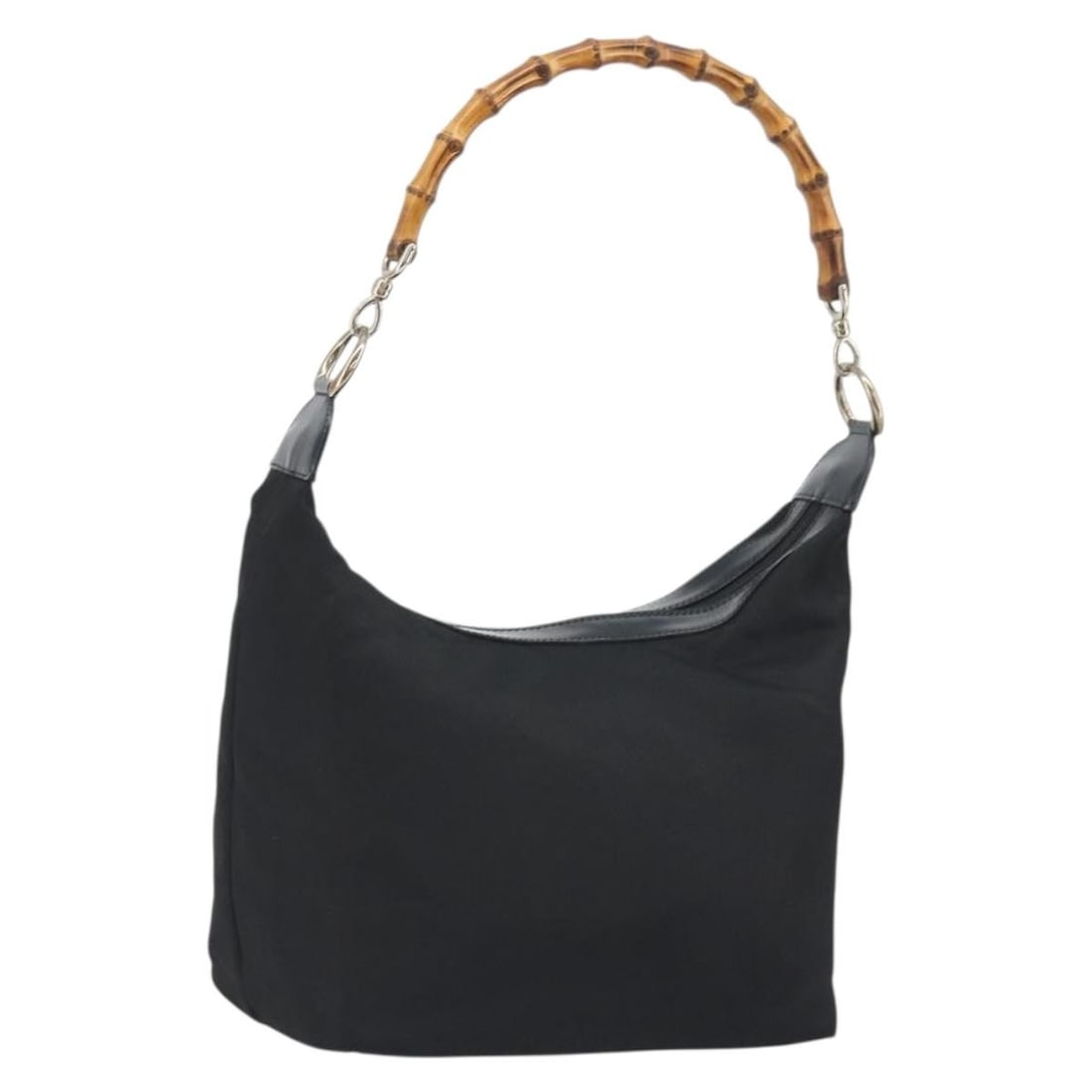 Gucci Bamboo Black Nylon Handbag Silver Tone Made in Italy: Gucci Bamboo Black Nylon Handbag Silver Tone Made in Italy Gucci Bamboo hand bag in black and silver nylon, made in Italy. The bag measures approximately W24 x H18 x D15 cm, with a handle drop of appr