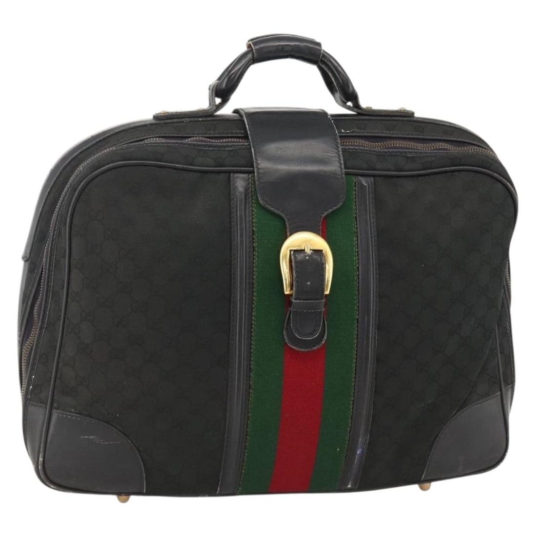 Black Gold GG Canvas Sherry Line Large Gucci Travel Case for Women: Black Gold GG Canvas Sherry Line Large Gucci Travel Case for Women This Gucci GG Canvas Web Sherry Line travel case features a black and gold color scheme with the iconic GG canvas exterior. Designed 