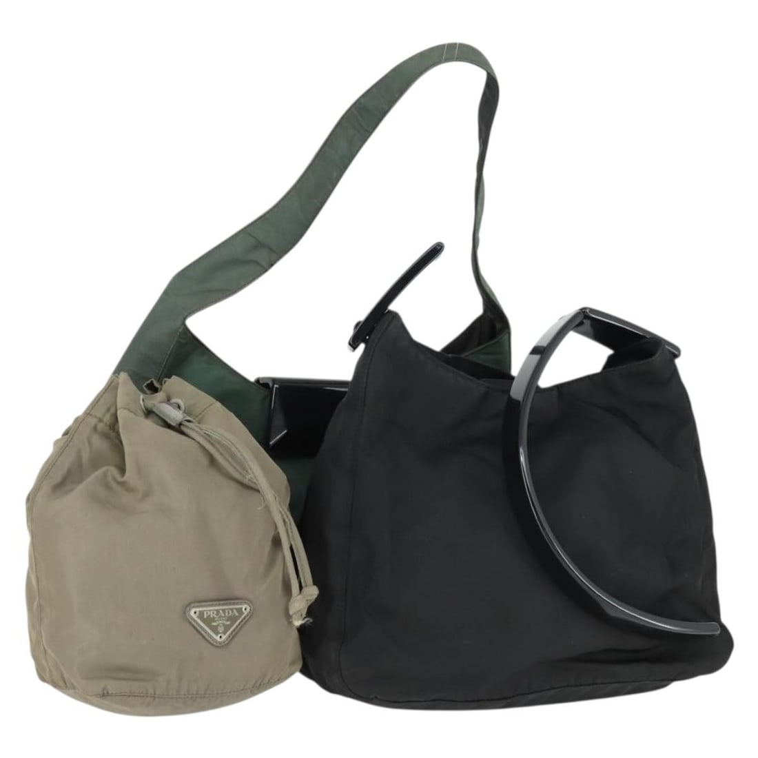 Prada nylon handbag trio black khaki: Prada nylon handbag trio black khaki This PRADA women's handbag set includes three nylon bags in black and khaki. The set is heavily used, showing significant wear such as loss of shape, rubbing, stai