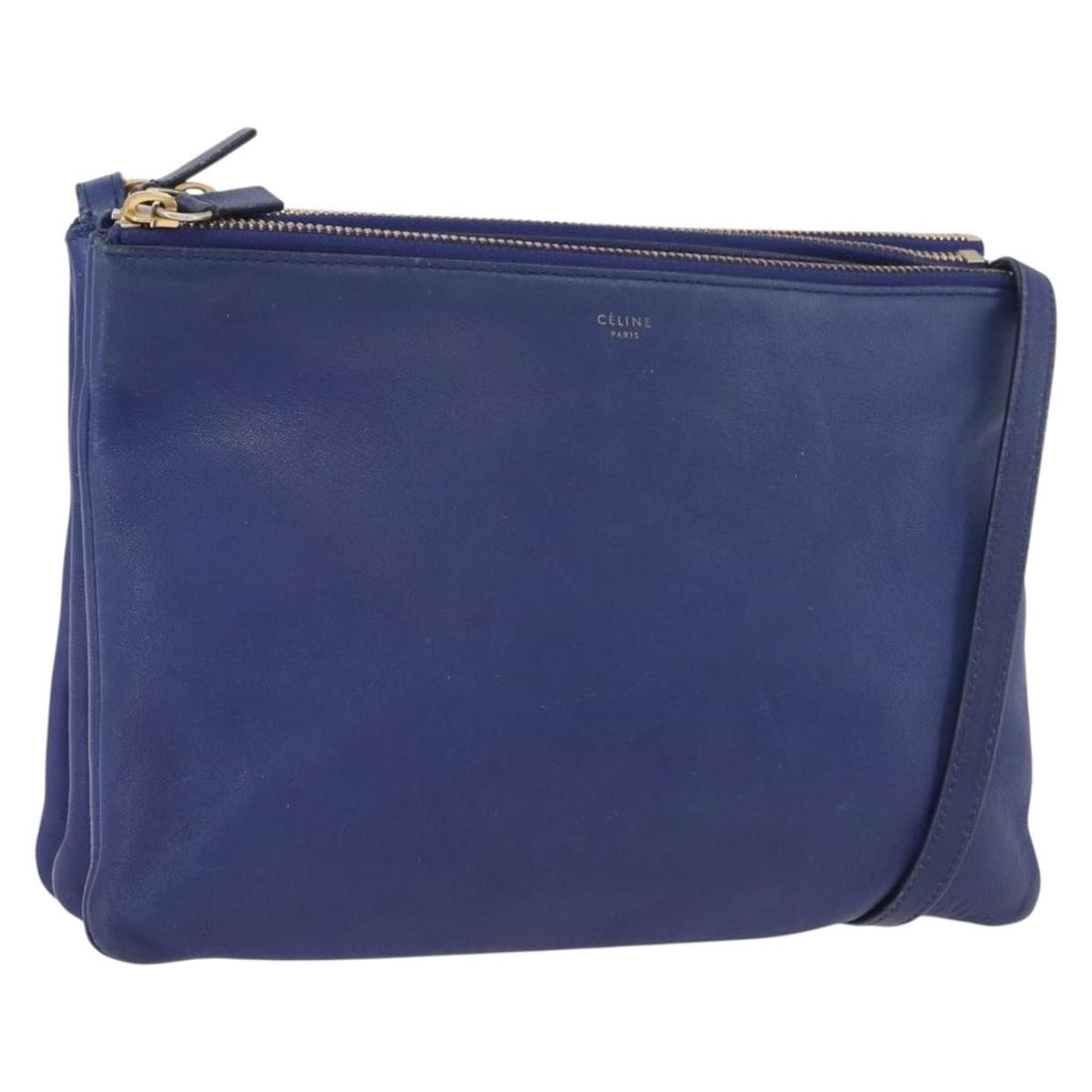 Celine Trio Blue Leather Shoulder Bag with Gold Accents: Celine Trio Blue Leather Shoulder Bag with Gold Accents This CELINE Trio shoulder bag features a sleek design crafted from blue leather with gold-tone accents. Designed for women, it offers a practica