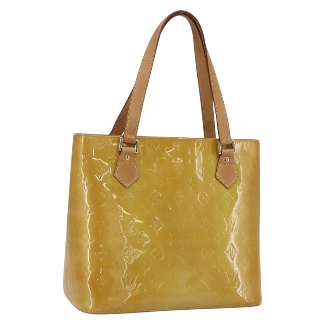 Beige Monogram Vernis Houston Patent Leather Handbag by Louis Vuitton M91004: Beige Monogram Vernis Houston Patent Leather Handbag by Louis Vuitton M91004 This Louis Vuitton Monogram Vernis Houston handbag features a beige patent leather exterior. The bag is made in Spain and i