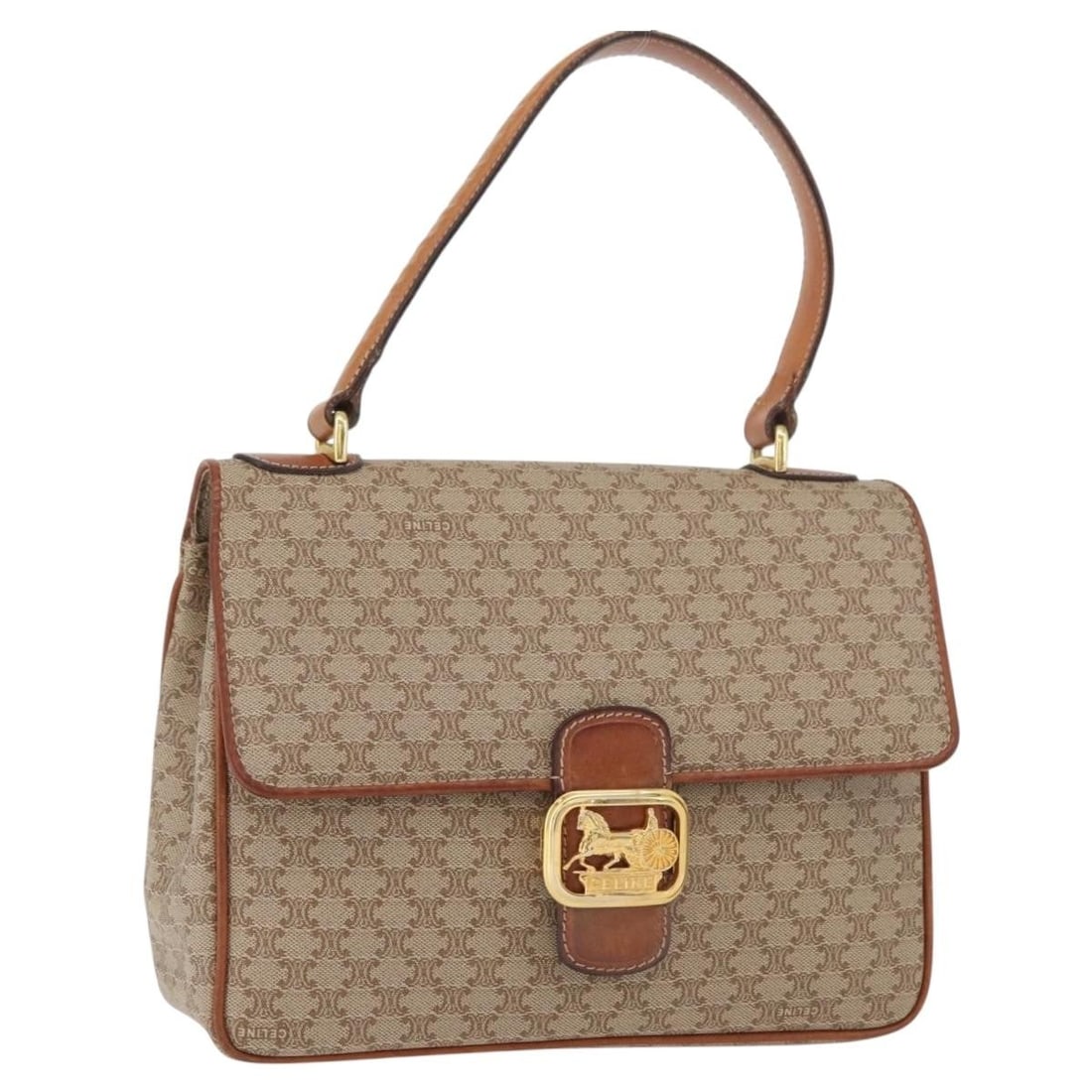 CELINE Macadam Canvas Beige Gold Handbag Italy PVC Leather: CELINE Macadam Canvas Beige Gold Handbag Italy PVC Leather This CELINE Macadam Canvas hand bag features a beige and gold color scheme with PVC leather and Macadam canvas materials. Designed for women,