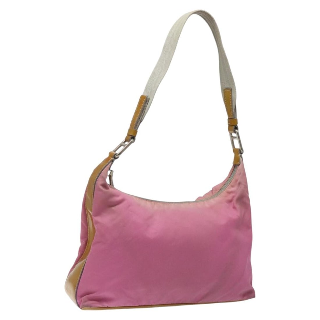 Pink Nylon PRADA Shoulder Purse with Silver Accents Made in Italy: Pink Nylon PRADA Shoulder Purse with Silver Accents Made in Italy This PRADA shoulder bag features a pink and silver nylon exterior with silver-tone accents. Designed for women, the bag offers a spaci