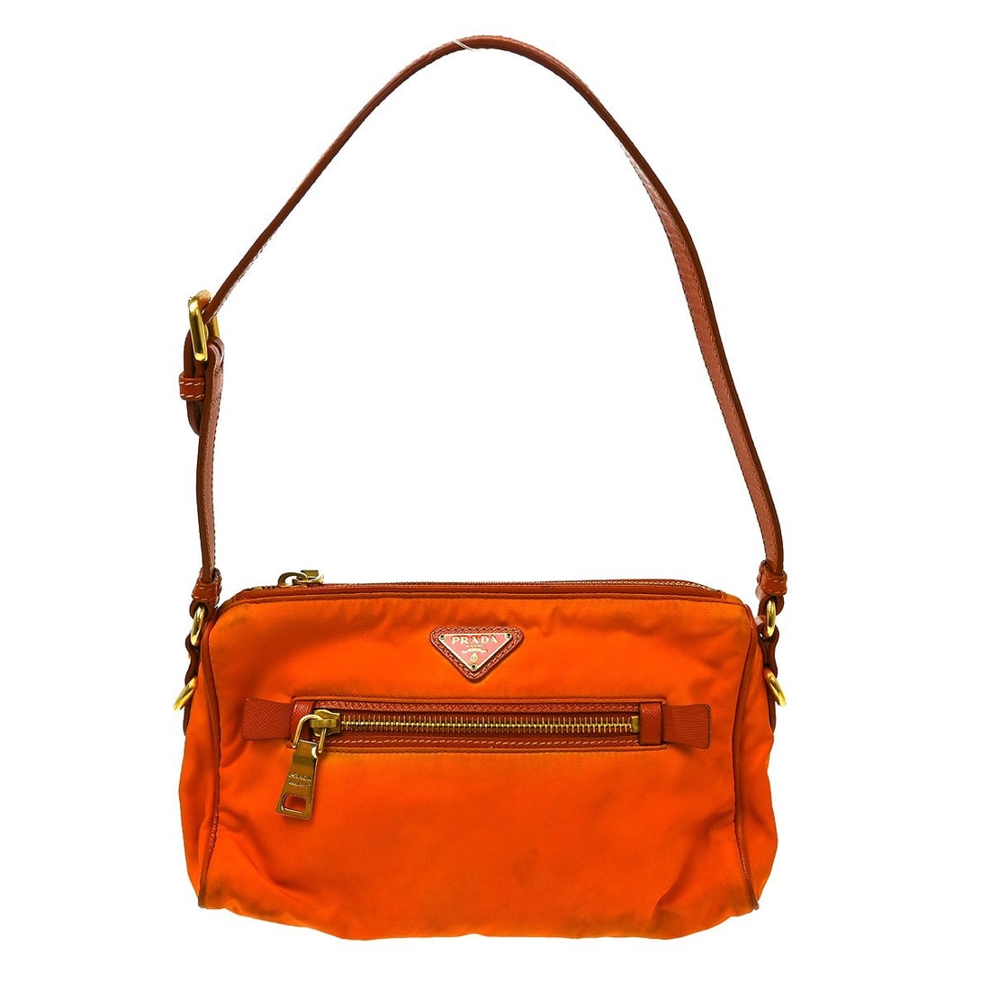 PRADA Nylon Mini Top Handle Bag in Orange: PRADA Nylon Mini Top Handle Bag in Orange Mini Prada top handle handbag in orange nylon with leather trim and an orange lining. This women's bag features a zip pocket on the outside and one pocket ins