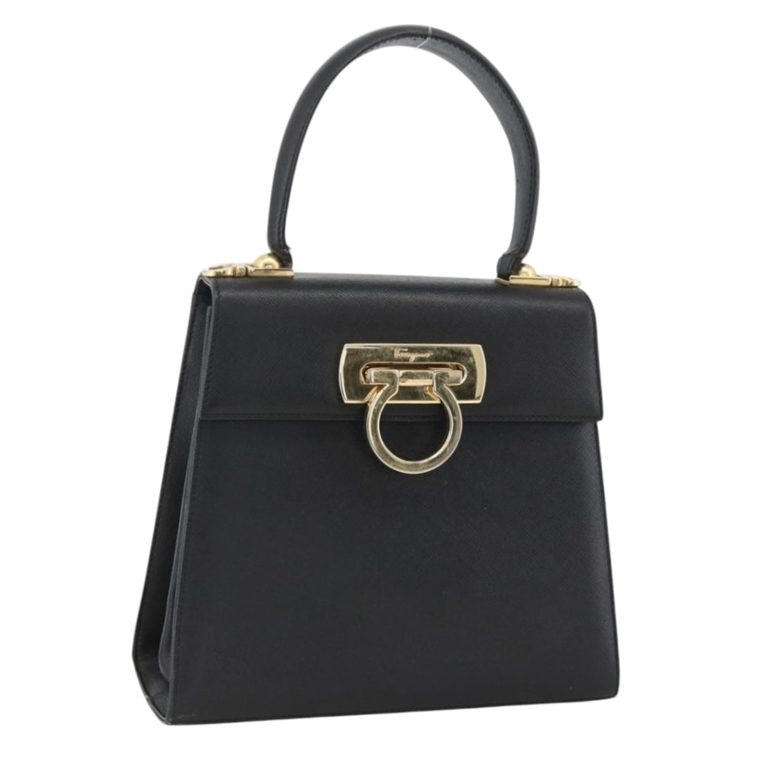 Salvatore Ferragamo Gancini black leather handbag with gold accents: Salvatore Ferragamo Gancini black leather handbag with gold accents This Salvatore Ferragamo Gancini handbag features black leather with gold-tone accents. Designed for women, it is made in Italy and 