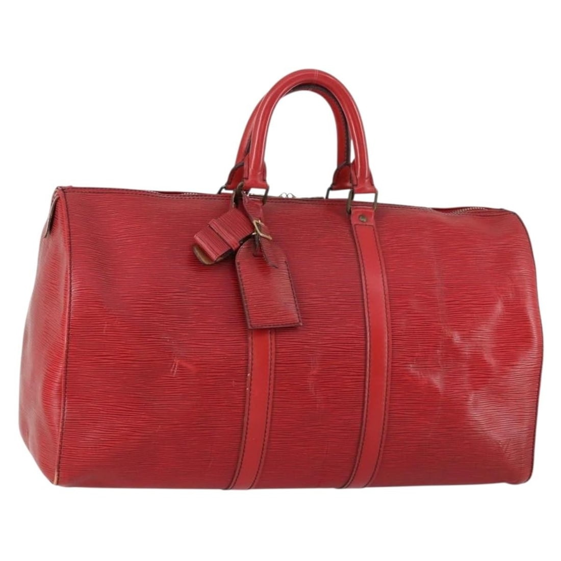 Louis Vuitton M42977 Keepall 45 Boston Bag Red Epi Leather: Louis Vuitton M42977 Keepall 45 Boston Bag Red Epi Leather Louis Vuitton Epi Keepall 45 Boston Bag in red Epi leather, made in France. This women's bag is identified as style M42977 and comes with a n