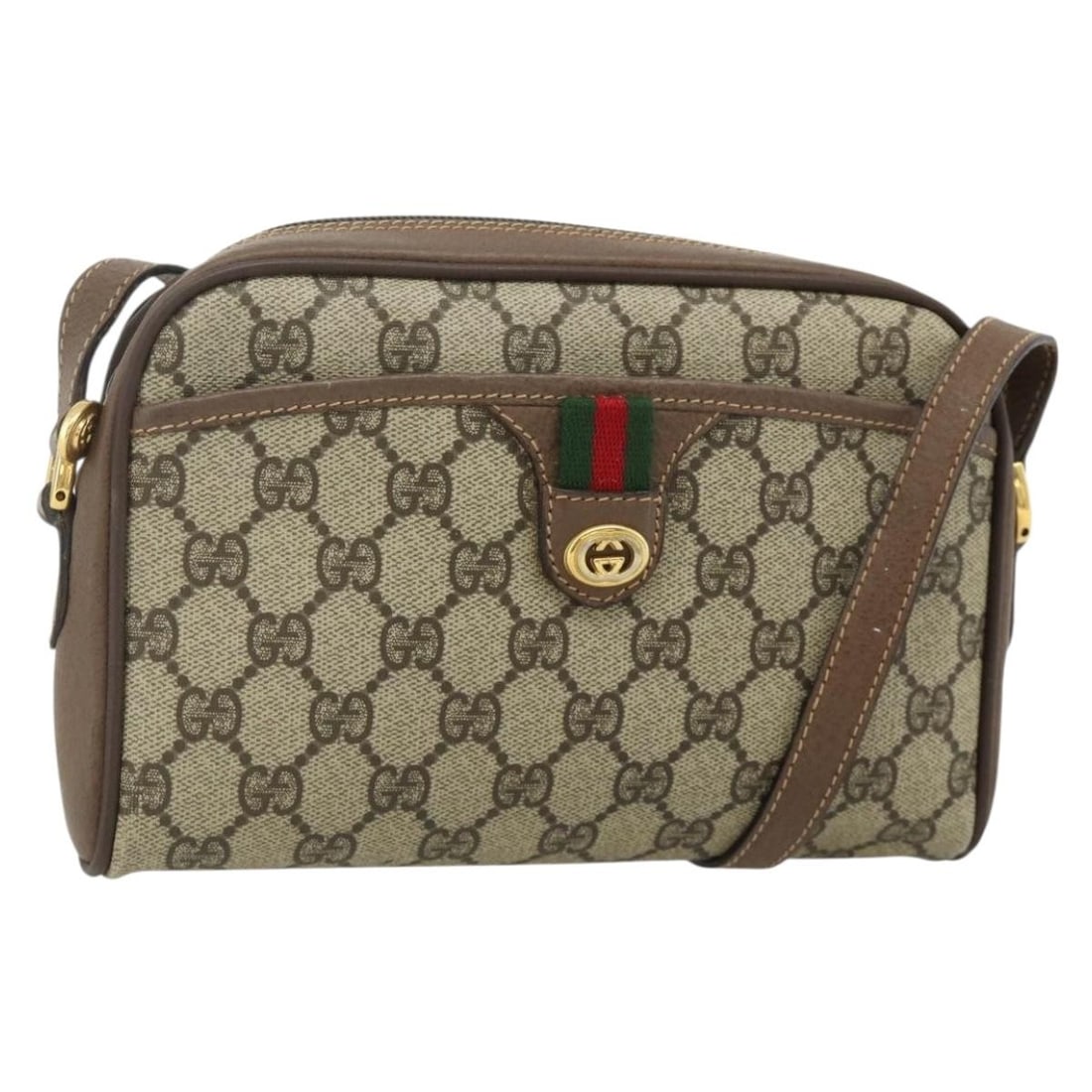Gucci Sherry Line GG Supreme PVC Shoulder Bag Beige Gold 001 58 6594: Gucci Sherry Line GG Supreme PVC Shoulder Bag Beige Gold 001 58 6594 A Gucci GG Supreme Web Sherry Line shoulder bag in beige and gold, made from PVC leather and GG canvas. It features a shoulder stra