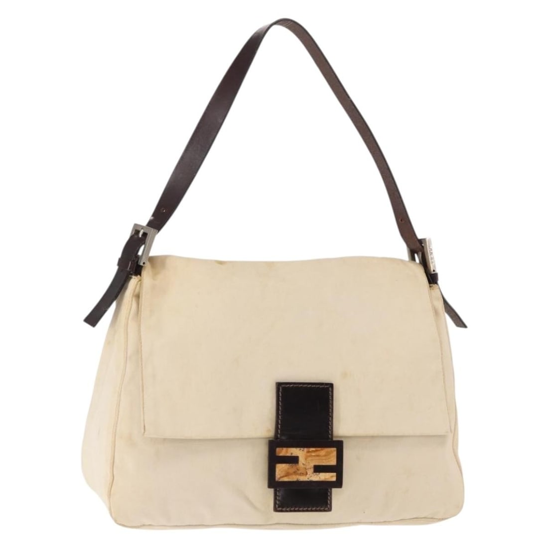 Fendi Mamma Baguette Beige Canvas Shoulder Bag Silver Tone: Fendi Mamma Baguette Beige Canvas Shoulder Bag Silver Tone Fendi Mamma Baguette shoulder bag in beige and silver canvas, made in Italy. This pre-owned bag is identified as rank C and shows heavy use, 