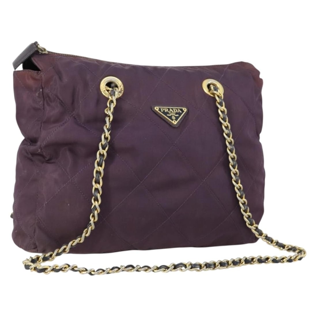 PRADA Purple Nylon Shoulder Bag with Gold Chain Strap: PRADA Purple Nylon Shoulder Bag with Gold Chain Strap Prada chain shoulder bag in purple nylon with gold-tone accents, made in Italy. This women's shoulder bag is offered without the original box or d