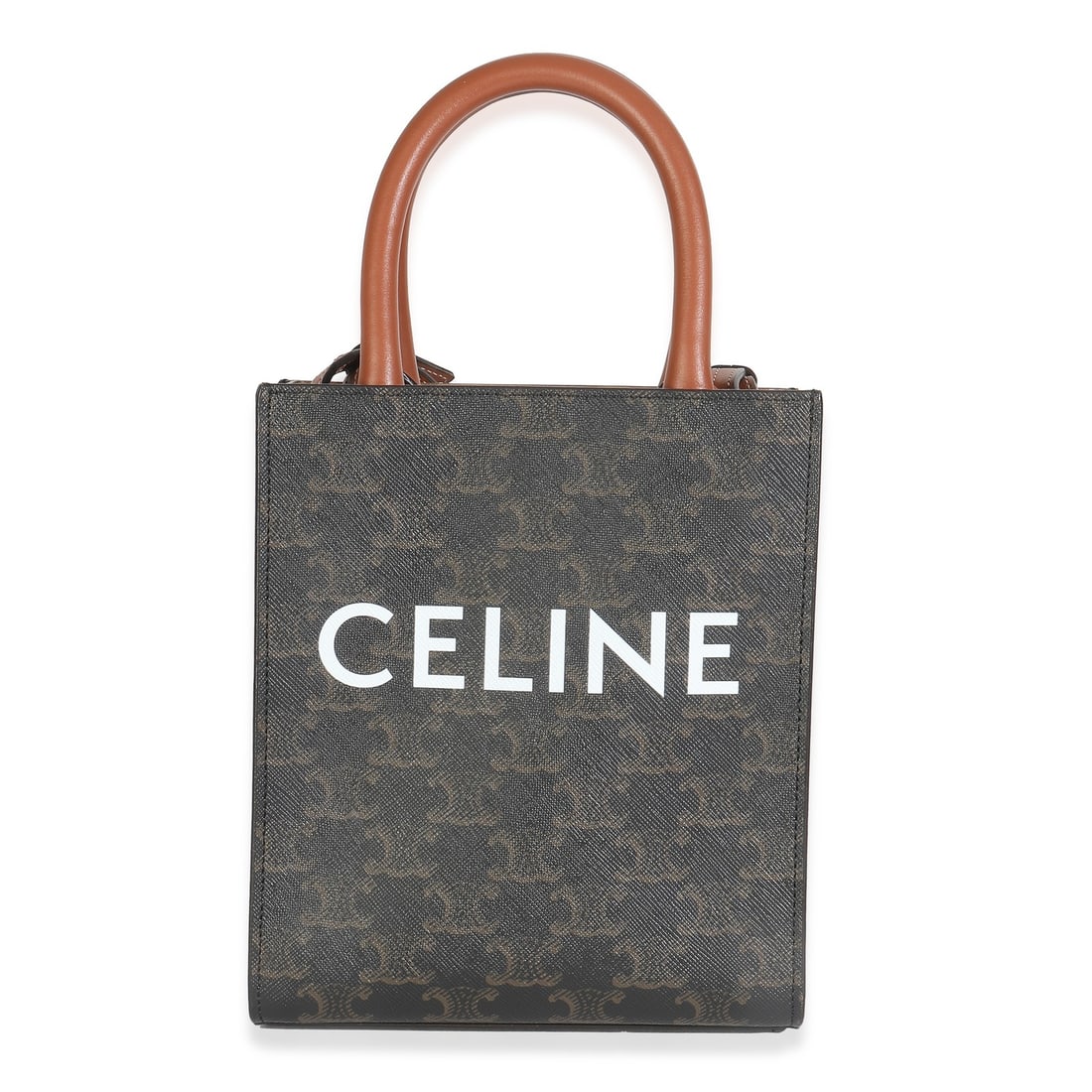 Celine Mini Vertical Cabas Brown Triomphe Canvas Shoulder Bag: Celine Mini Vertical Cabas Brown Triomphe Canvas Shoulder Bag This Celine Brown Triomphe Canvas Mini Vertical Cabas is a pre-owned unisex shoulder bag crafted in Italy. Made from brown canvas with a f