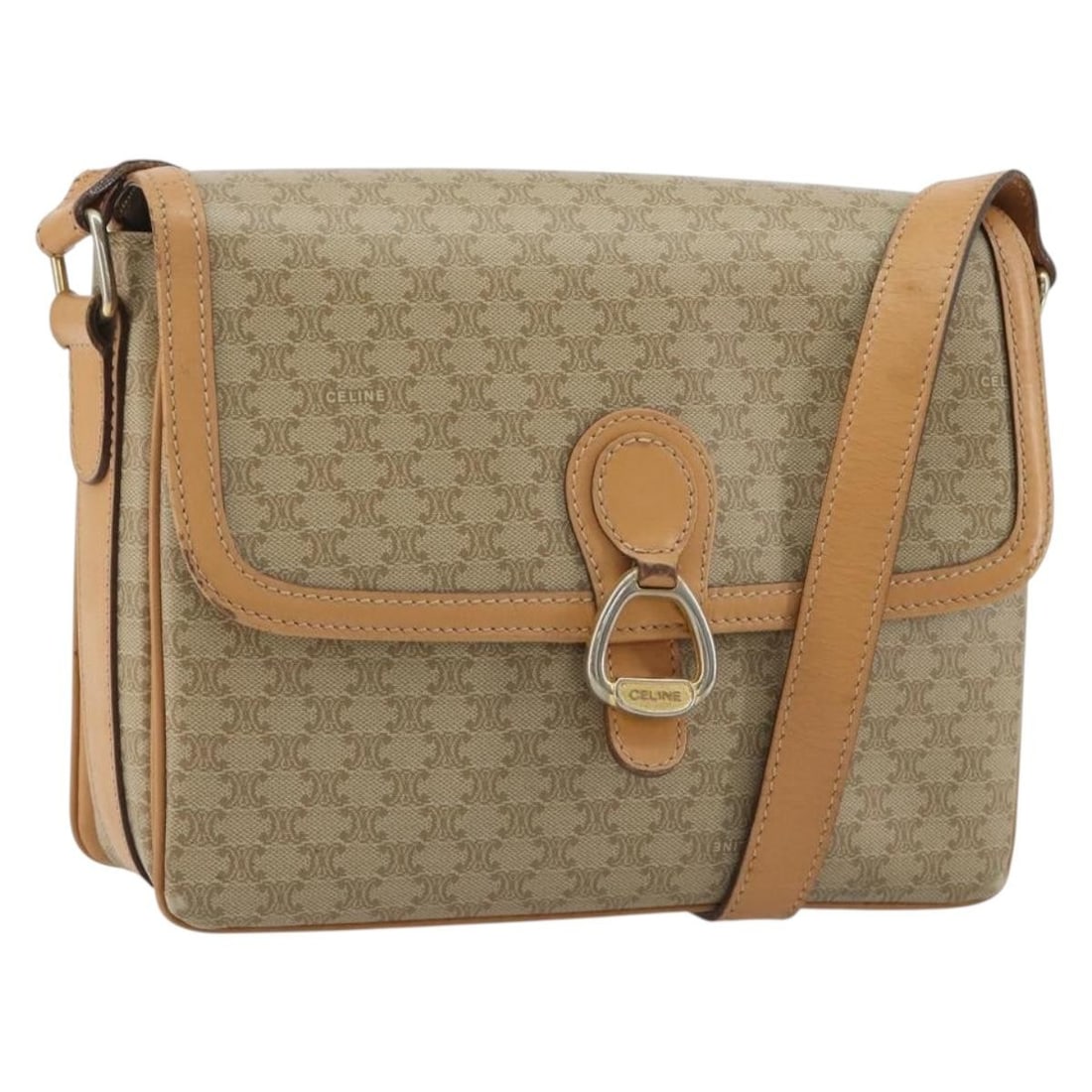 CELINE Macadam PVC Leather Shoulder Bag Beige Gold Italy: CELINE Macadam PVC Leather Shoulder Bag Beige Gold Italy Celine shoulder bag in Macadam canvas with PVC leather trim, finished in beige with gold-tone accents. Made in Italy, this women's bag has a co