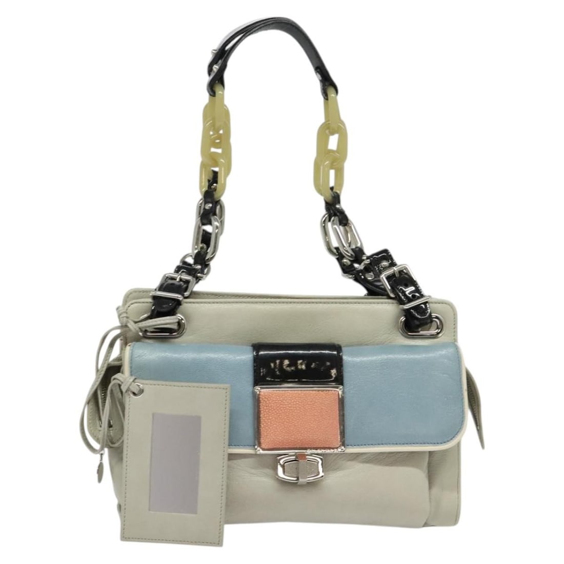 Balenciaga Gray Leather Shoulder Bag with Silver Tone Mirror Accent: Balenciaga Gray Leather Shoulder Bag with Silver Tone Mirror Accent This Balenciaga shoulder bag is crafted from gray and silver leather and features a classic design. The bag is designed for women an