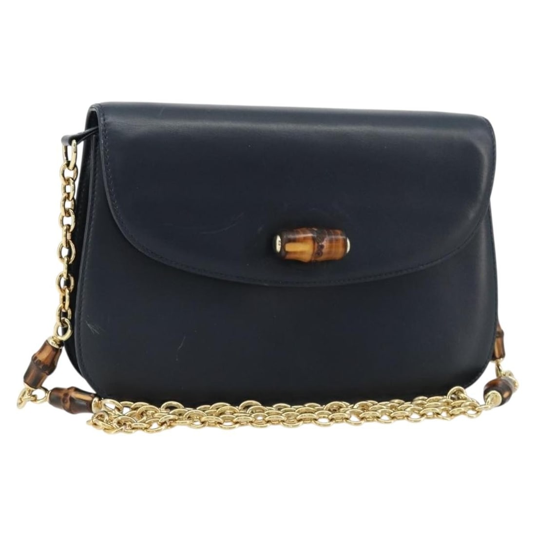 Gucci Bamboo Chain Leather Shoulder Bag Navy Gold Tone 180679: Gucci Bamboo Chain Leather Shoulder Bag Navy Gold Tone 180679 Gucci Bamboo Chain Shoulder Bag in leather with a navy and gold color combination. This women's shoulder bag was made in Italy and feature