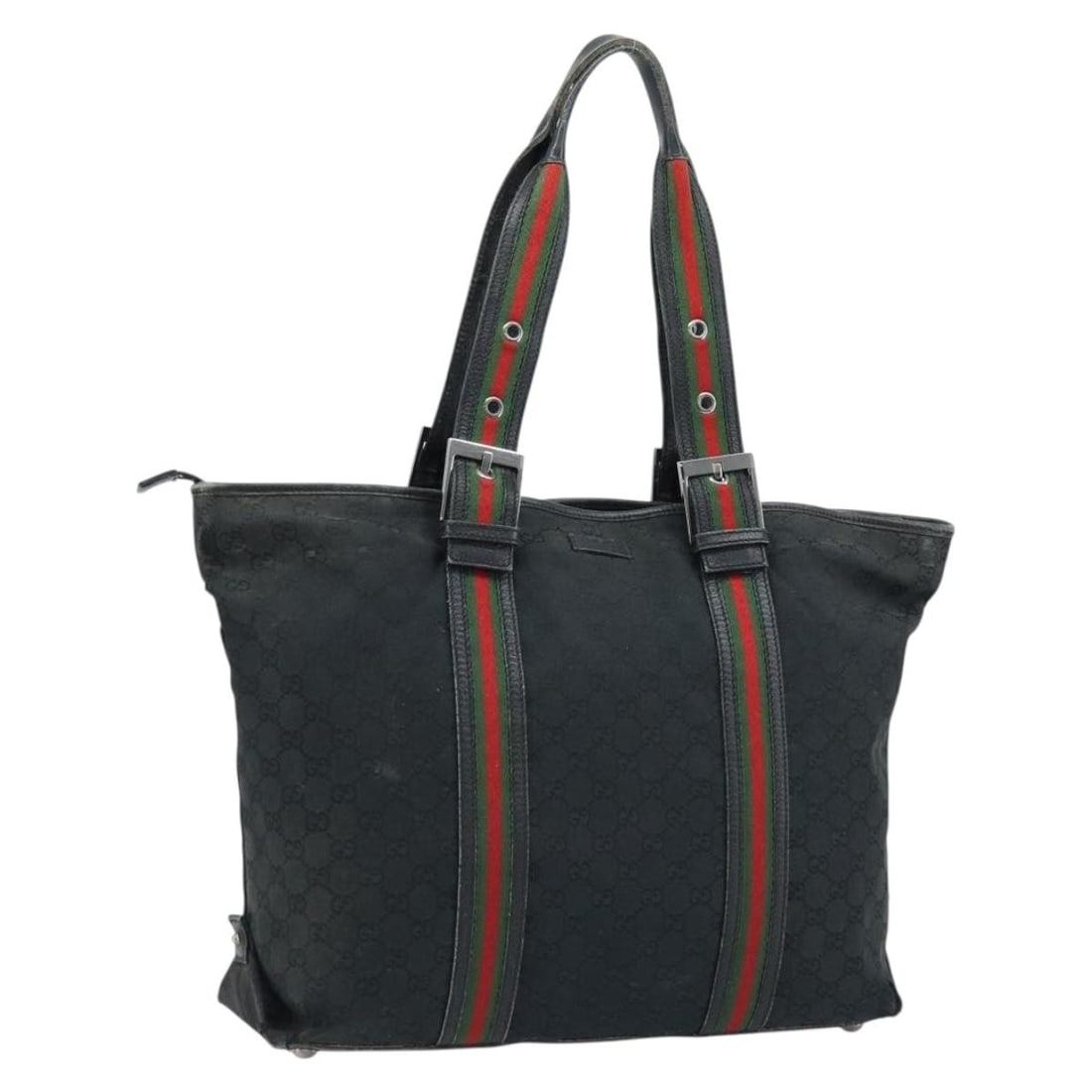 GUCCI 132898 Sherry Line GG Canvas Black Tote Bag: GUCCI 132898 Sherry Line GG Canvas Black Tote Bag Gucci GG Canvas Web Sherry Line tote bag in black. This women's tote features a black GG canvas exterior and is made in Italy. The bag is heavily used
