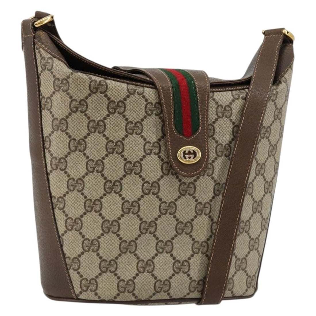 Gucci 904 02 081 GG Supreme Web Shoulder Bag Beige PVC Leather: Gucci 904 02 081 GG Supreme Web Shoulder Bag Beige PVC Leather Authentic Gucci GG Supreme Web Sherry Line shoulder bag in beige with gold-tone accents. Made in Italy, this women's bag is crafted from 