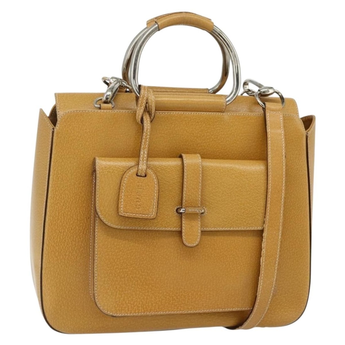 Gucci yellow silver leather handbag with shoulder strap: Gucci yellow silver leather handbag with shoulder strap This GUCCI handbag is crafted from leather in a striking yellow and silver color scheme. Designed for versatility, it can be carried by hand or 
