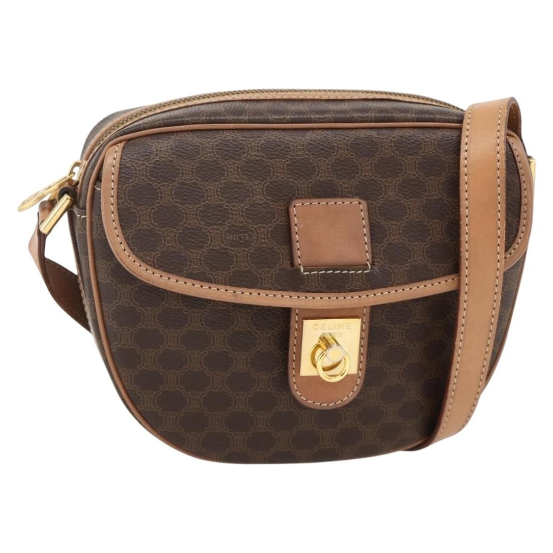 CELINE Macadam Shoulder Bag Brown PVC Leather Italy: CELINE Macadam Shoulder Bag Brown PVC Leather Italy A CELINE shoulder bag crafted from PVC leather and Macadam canvas in brown and gold. Made in Italy, it features a shoulder strap with an approximate