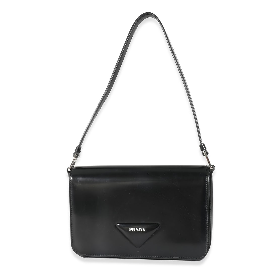 Prada Leather Shoulder Bag Black Magnetic Snap Silver Tone: Prada Leather Shoulder Bag Black Magnetic Snap Silver Tone Black brushed leather shoulder bag with a magnetic snap closure and silver-tone hardware. The bag features a leather lining, an 8.5 in strap 