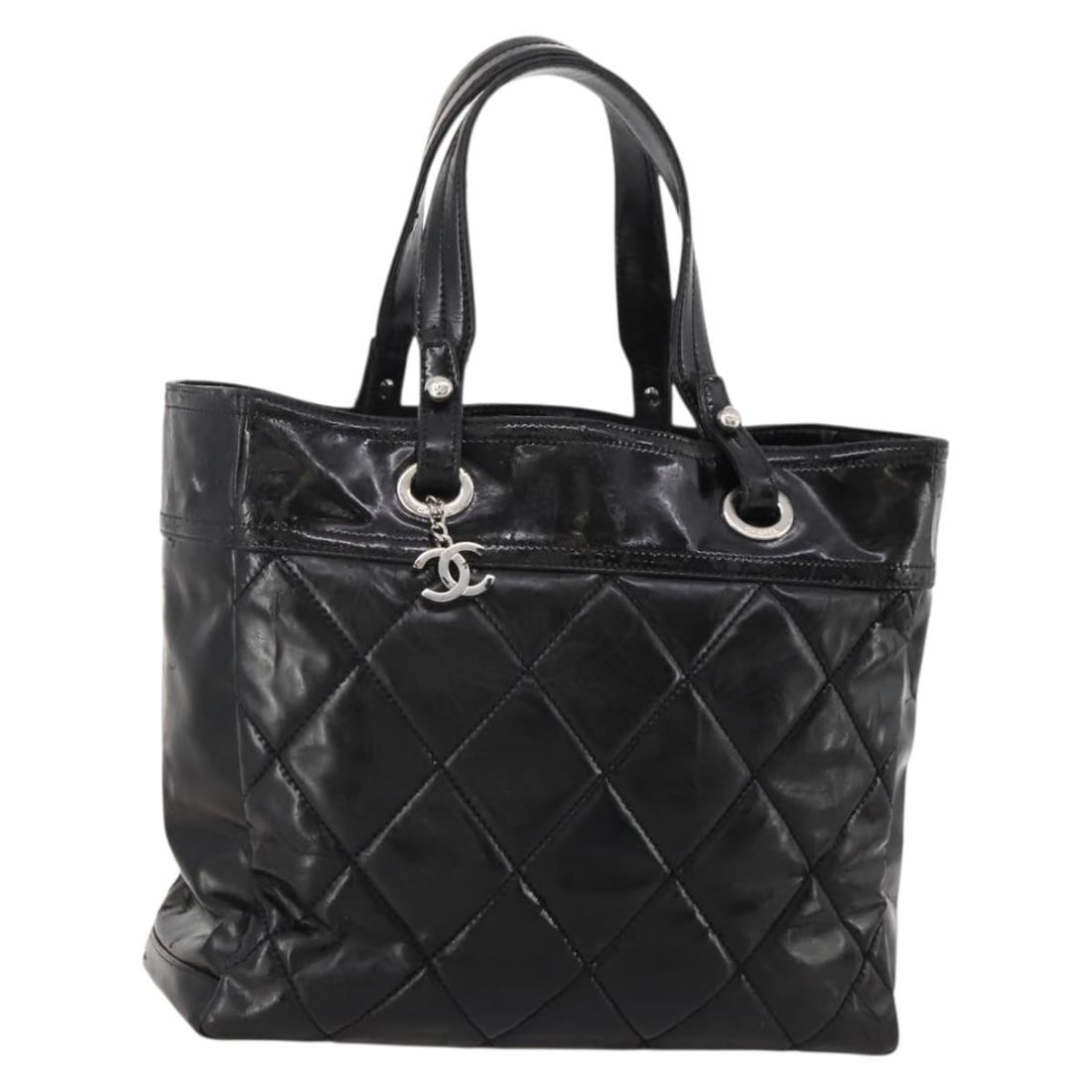 Coated Canvas Tote Bag CHANEL Paris Biarritz GM Black Silver CC: Coated Canvas Tote Bag CHANEL Paris Biarritz GM Black Silver CC Chanel Paris Biarritz GM tote bag in black and silver coated canvas, made in Italy. It comes with a guarantee card and has a serial numb