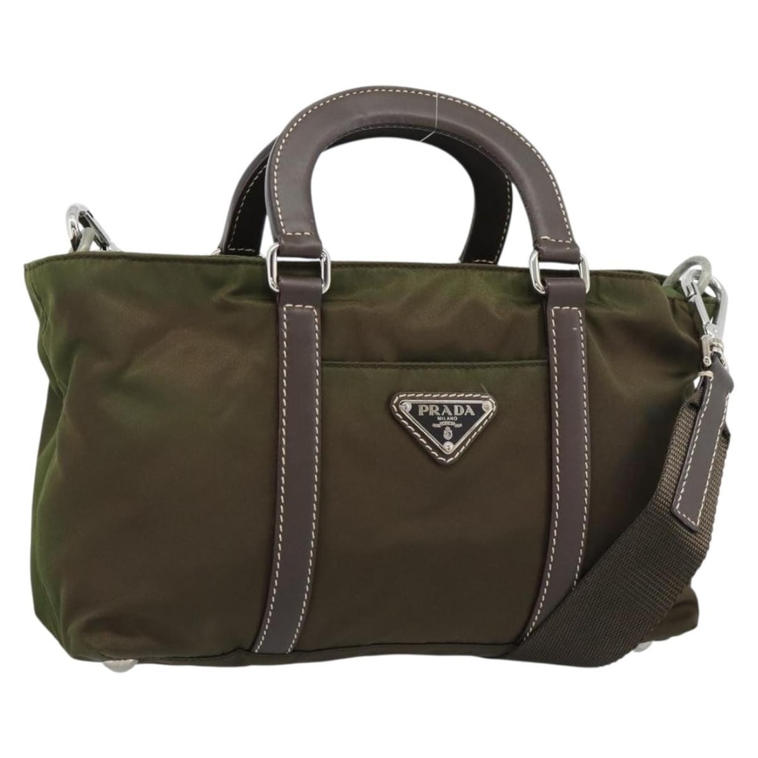 PRADA Khaki Nylon 2way Handbag with Shoulder Strap Silver Tone: PRADA Khaki Nylon 2way Handbag with Shoulder Strap Silver Tone Prada women's 2-way handbag in khaki nylon with silver-tone accents. Made in Italy, this handbag includes a shoulder strap and can be car