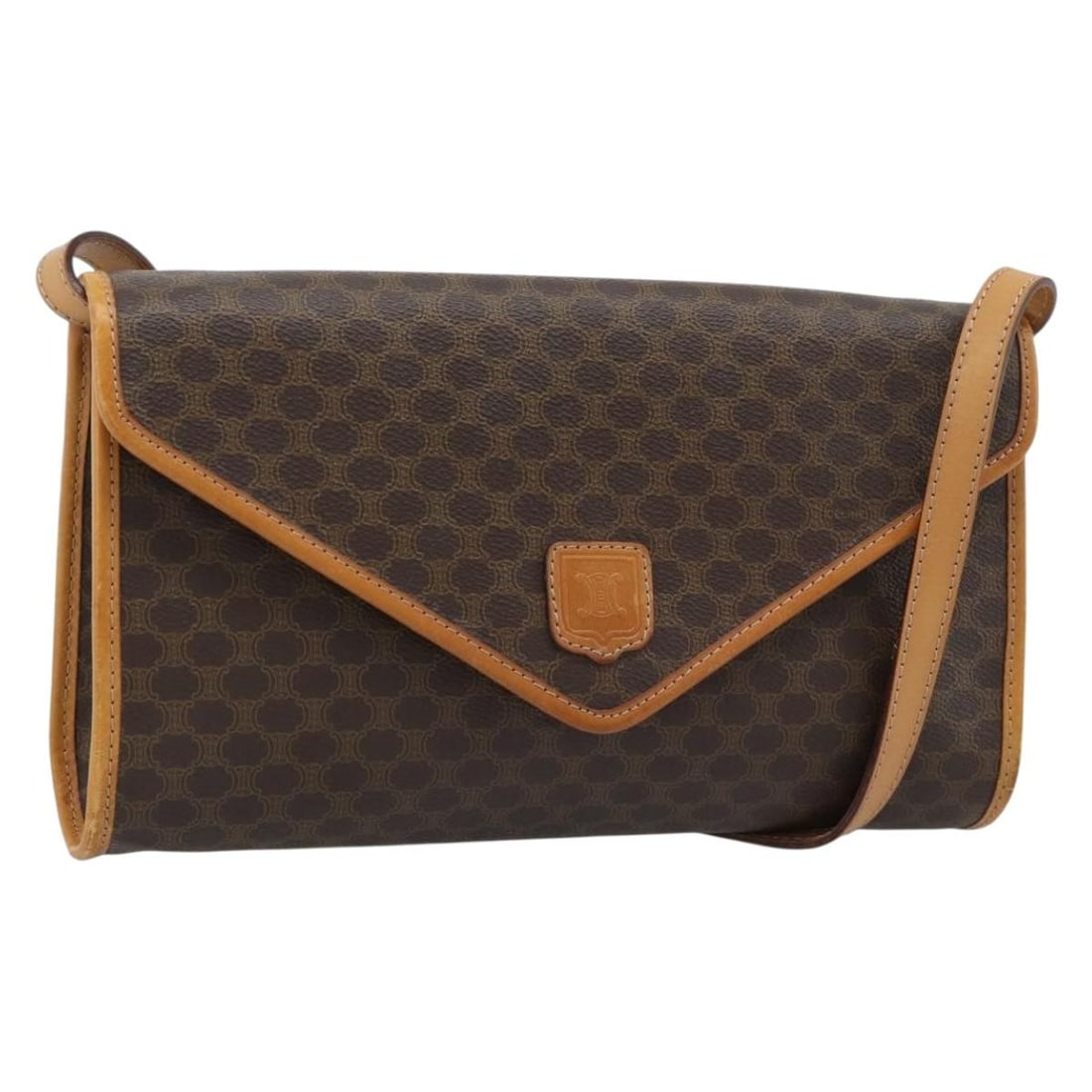 CELINE Macadam PVC leather shoulder bag brown gold Italy: CELINE Macadam PVC leather shoulder bag brown gold Italy This CELINE Macadam shoulder bag features a classic brown and gold color scheme and is crafted from durable PVC leather and Macadam canvas. Des