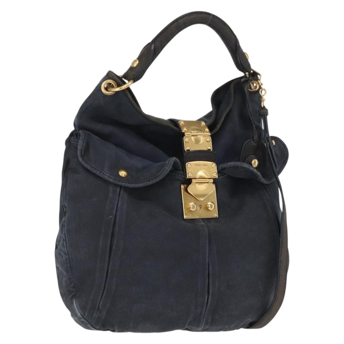 Navy Canvas Miu Miu 2way Shoulder Bag with Gold Accents: Navy Canvas Miu Miu 2way Shoulder Bag with Gold Accents This Miu Miu shoulder bag features a navy canvas exterior with gold accents. It includes one key, a clochette, and a shoulder strap for versatil