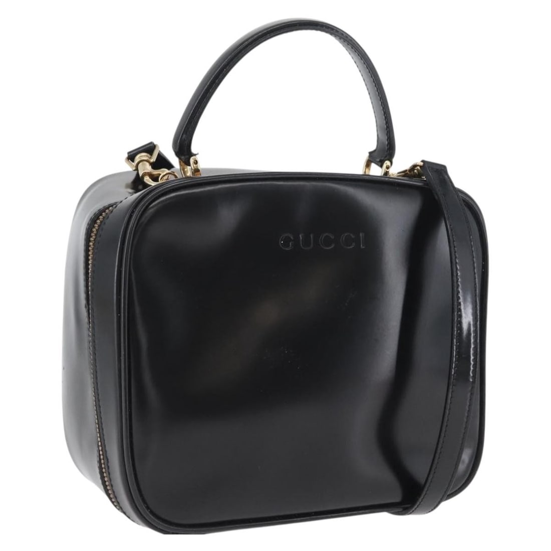 Gucci Black Patent Leather Bamboo Vanity Bag with Shoulder Strap: Gucci Black Patent Leather Bamboo Vanity Bag with Shoulder Strap This GUCCI Bamboo Vanity hand bag is crafted from black patent leather with gold-tone accents. Designed for women, it features a two-wa
