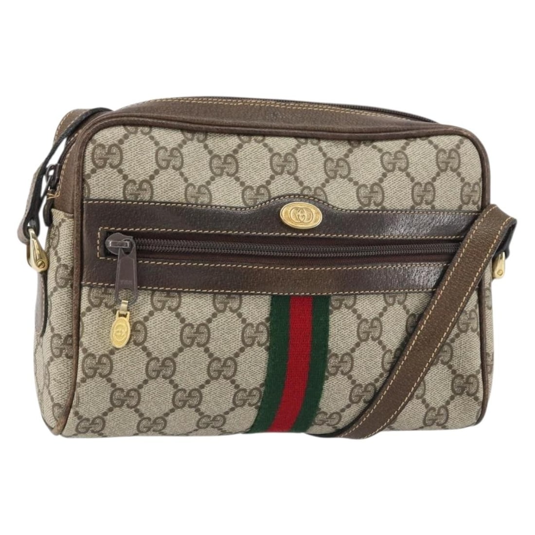 GUCCI GG Supreme Sherry Line Beige Gold Shoulder Bag 010 378 Auth: GUCCI GG Supreme Sherry Line Beige Gold Shoulder Bag 010 378 Auth Discover the elegance of the GUCCI GG Supreme Web Sherry Line Bag, a sophisticated shoulder bag crafted from durable PVC leather. This