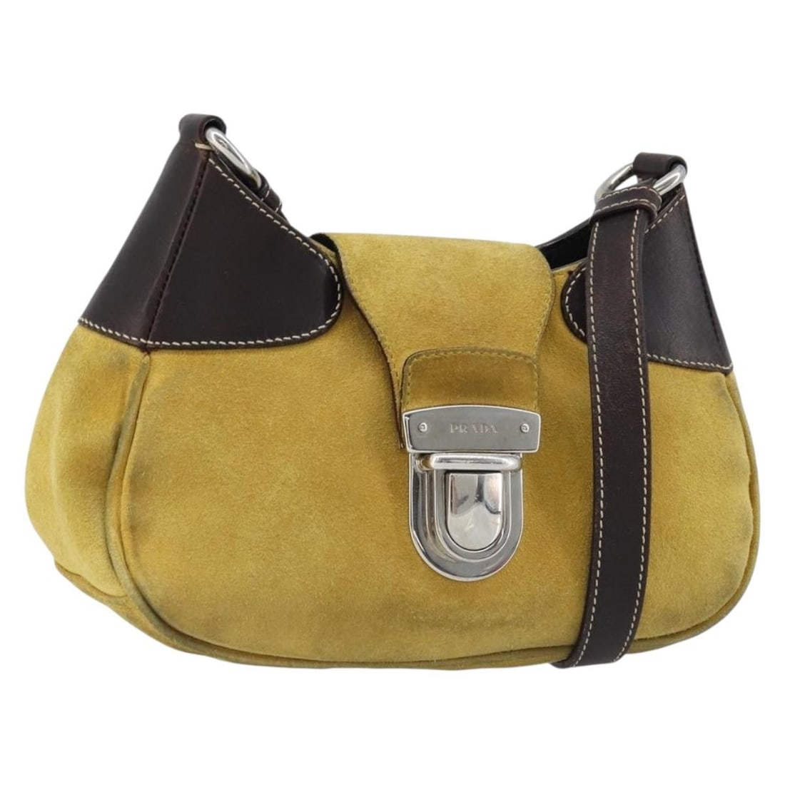 PRADA Yellow Suede Shoulder Bag with Silver Tone Hardware: PRADA Yellow Suede Shoulder Bag with Silver Tone Hardware Prada shoulder bag in yellow suede with silver-tone accents. Made in Italy, this women's bag includes the item only; the item box and dust bag