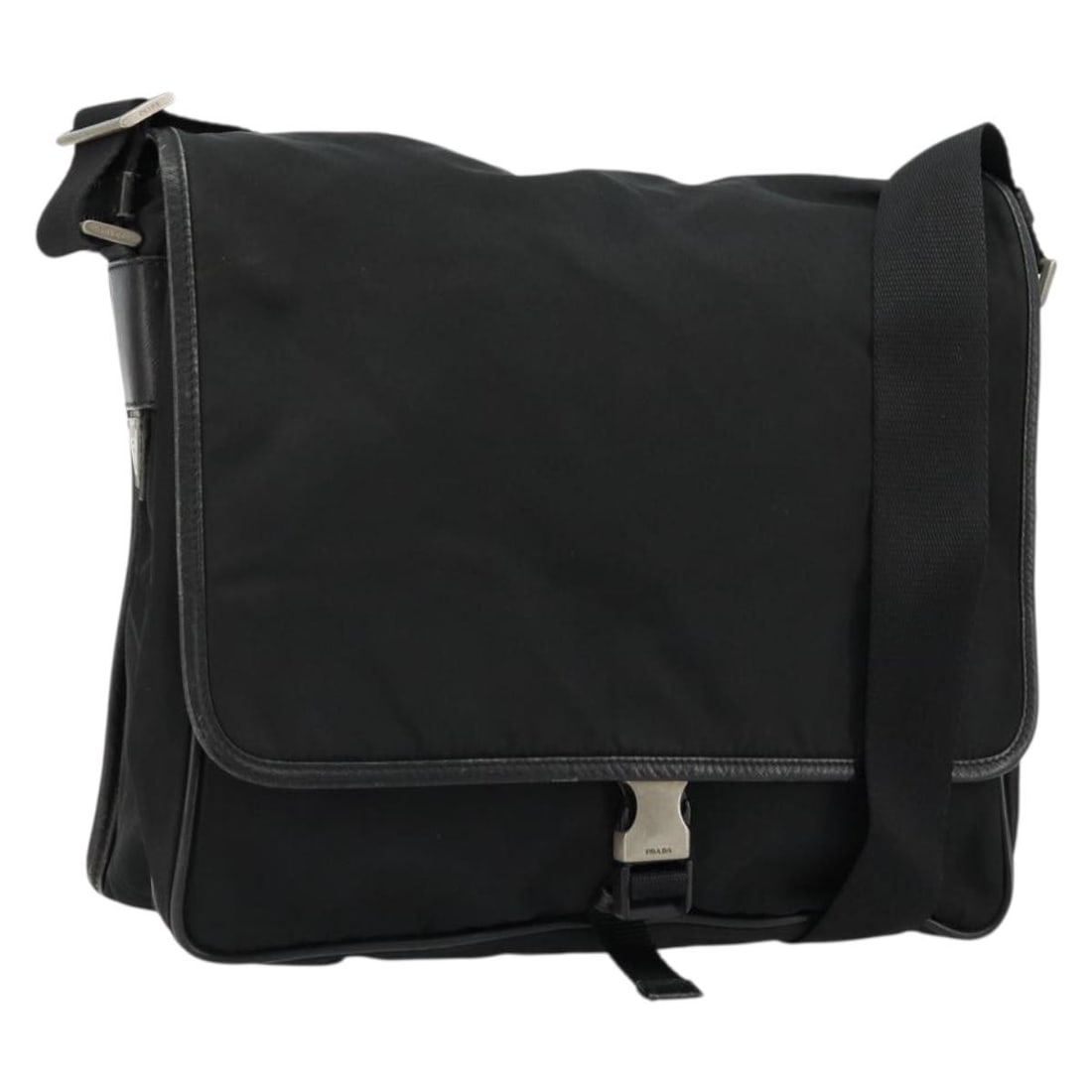 Prada Black Nylon Women Shoulder Bag Italy Silver Trim: Prada Black Nylon Women Shoulder Bag Italy Silver Trim This Prada shoulder bag is crafted from black nylon with silver-tone accents. Designed for women, it features a spacious interior and adjustable 