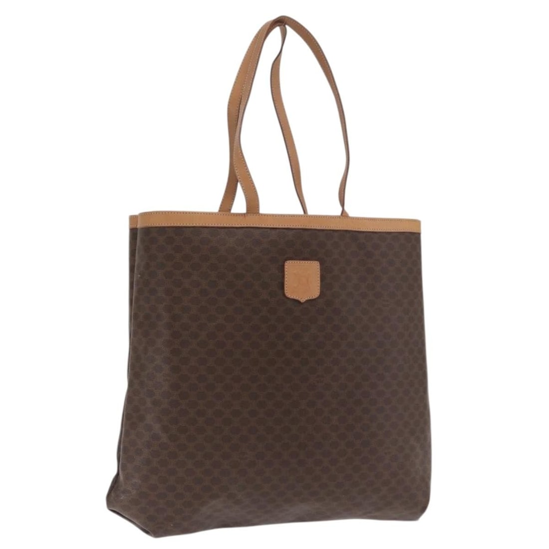 CELINE Macadam Brown PVC Leather Canvas Tote Bag Italy: CELINE Macadam Brown PVC Leather Canvas Tote Bag Italy Celine Macadam canvas tote bag in brown and gold, made from PVC leather and Macadam canvas. It is an Italy-made tote bag with a structured size o
