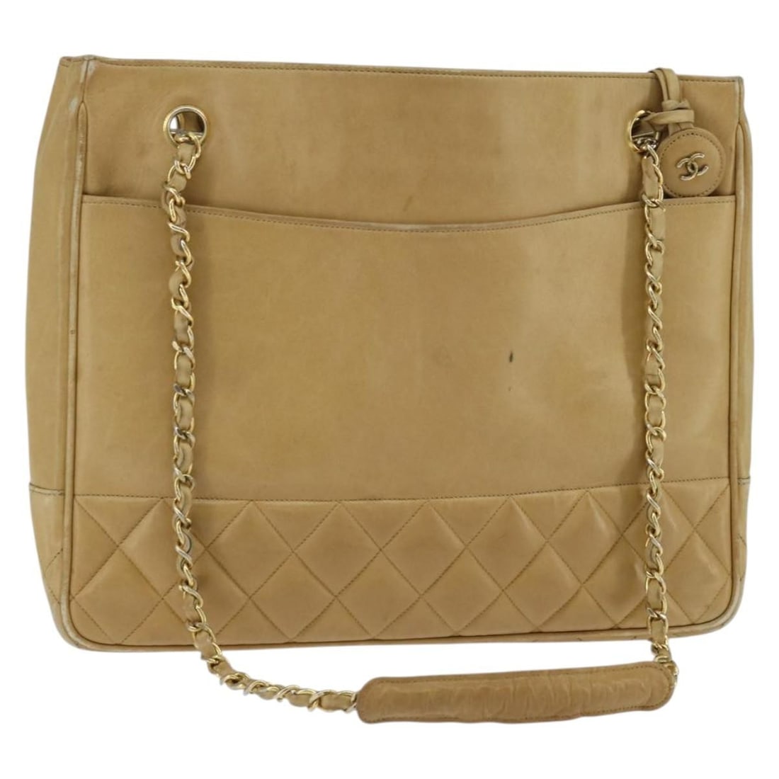 CHANEL CC Beige Lamb Skin Shoulder Bag with Chain Strap: CHANEL CC Beige Lamb Skin Shoulder Bag with Chain Strap Chanel Matelasse chain shoulder bag in beige lamb skin with gold-tone accents. Made in Italy, this women's shoulder bag includes the guarantee c
