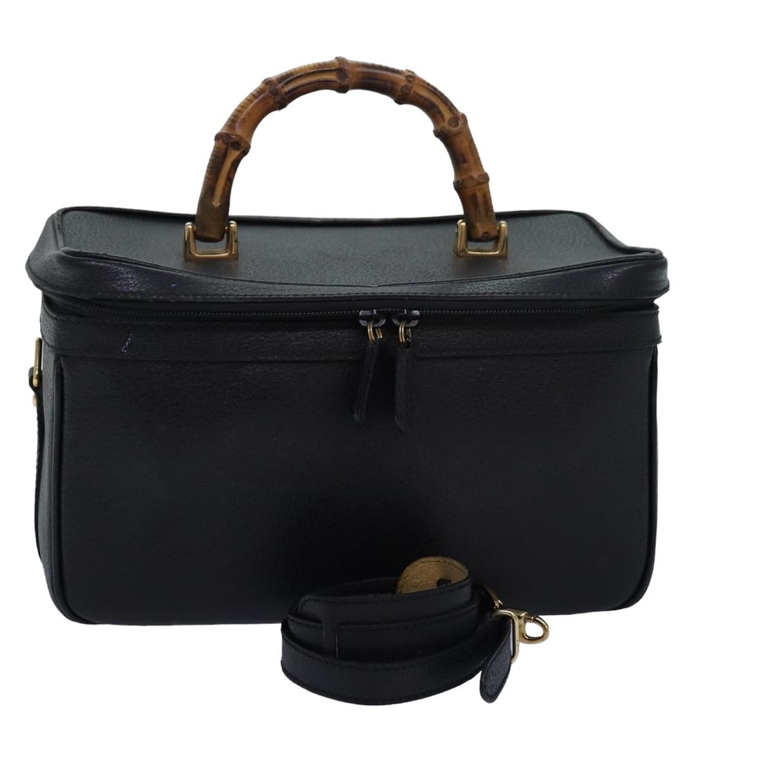 Gucci Bamboo Black Leather Vanity Handbag with Shoulder Strap: Gucci Bamboo Black Leather Vanity Handbag with Shoulder Strap This GUCCI Bamboo Vanity Hand Bag is crafted from black leather and features a versatile 2-way design, allowing it to be carried by hand o