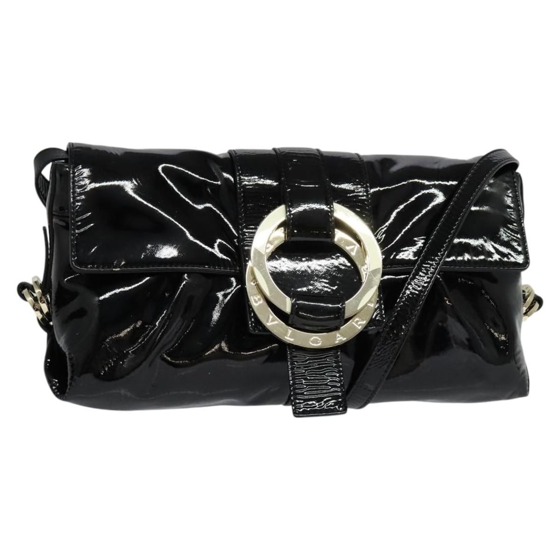 Chandra Black Enamel Shoulder Bag by BVLGARI for Women: Chandra Black Enamel Shoulder Bag by BVLGARI for Women This BVLGARI Chandra shoulder bag features a black enamel exterior and is designed for women. The bag includes a single shoulder strap with a 22-