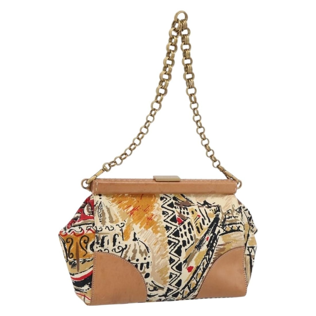 PRADA Brown Canvas Shoulder Bag with Chain Strap and Guarantee Card: PRADA Brown Canvas Shoulder Bag with Chain Strap and Guarantee Card Brown and gold PRADA chain shoulder bag in canvas, made in Italy. It comes with a guarantee card and has a shoulder strap drop of ap