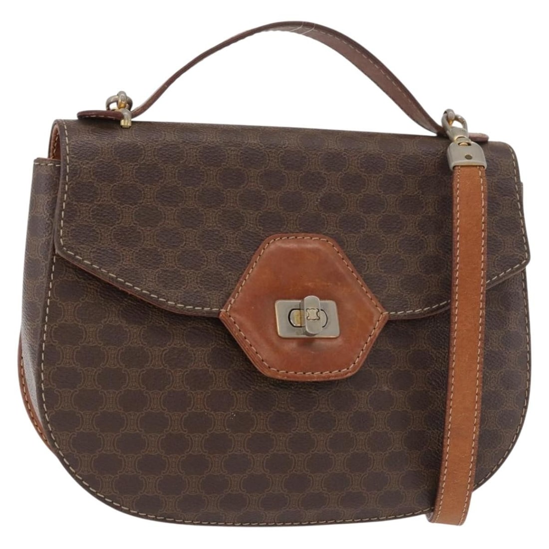 CELINE Macadam 2way Brown PVC Leather Handbag with Shoulder Strap: CELINE Macadam 2way Brown PVC Leather Handbag with Shoulder Strap CELINE Macadam Canvas hand bag in brown and gold, made from PVC leather and Macadam canvas. This 2way style includes a shoulder strap 