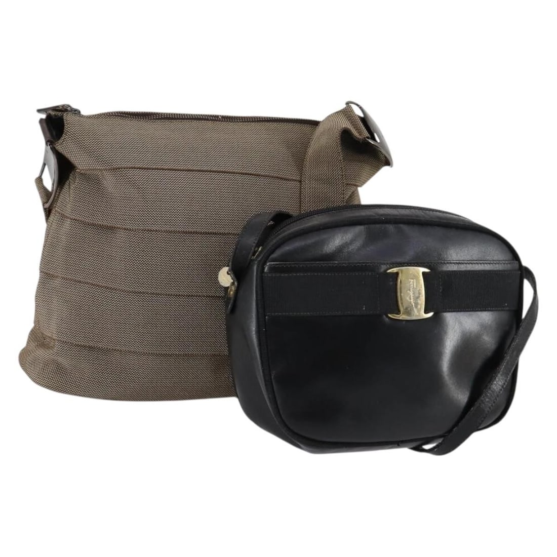 Salvatore Ferragamo Black Beige Leather Canvas Shoulder Bag Set Authentic: Salvatore Ferragamo Black Beige Leather Canvas Shoulder Bag Set Authentic This stylish Salvatore Ferragamo shoulder bag features a combination of leather and canvas in a sophisticated black and beige 