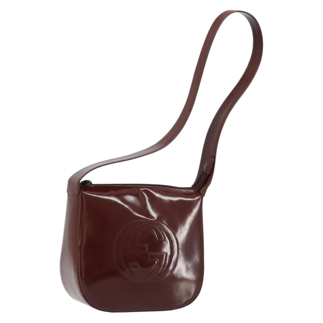 Gucci patent leather brown silver shoulder bag Italy 7.9 x 7.5 x 3.1inch: Gucci patent leather brown silver shoulder bag Italy 7.9 x 7.5 x 3.1inch This GUCCI shoulder bag features a brown and silver patent leather exterior and is designed for women. The bag is made in Italy