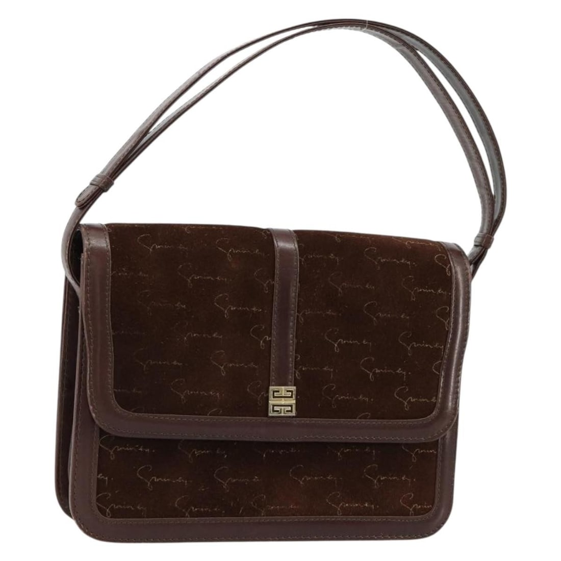 Brown Suede Givenchy Shoulder Bag Gold Hardware: Brown Suede Givenchy Shoulder Bag Gold Hardware This GIVENCHY shoulder bag is crafted from brown suede with gold accents and features an adjustable shoulder strap. Made in Spain, it is designed for wo