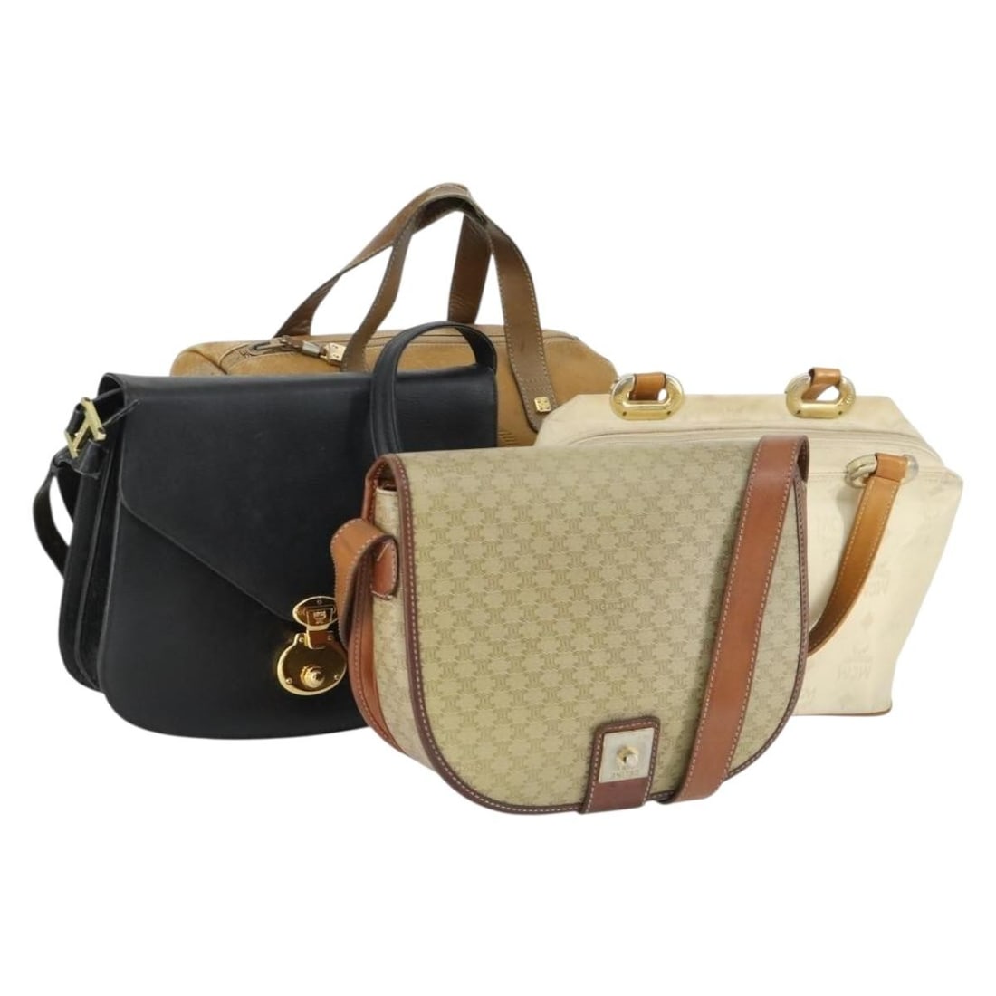 4 Piece Shoulder Bag Set Beige Black Celine MCM Loewe: 4 Piece Shoulder Bag Set Beige Black Celine MCM Loewe CELINE shoulder bag in beige and black leather, made in Italy. This special set sale includes only the item shown in the photo, with no item box o