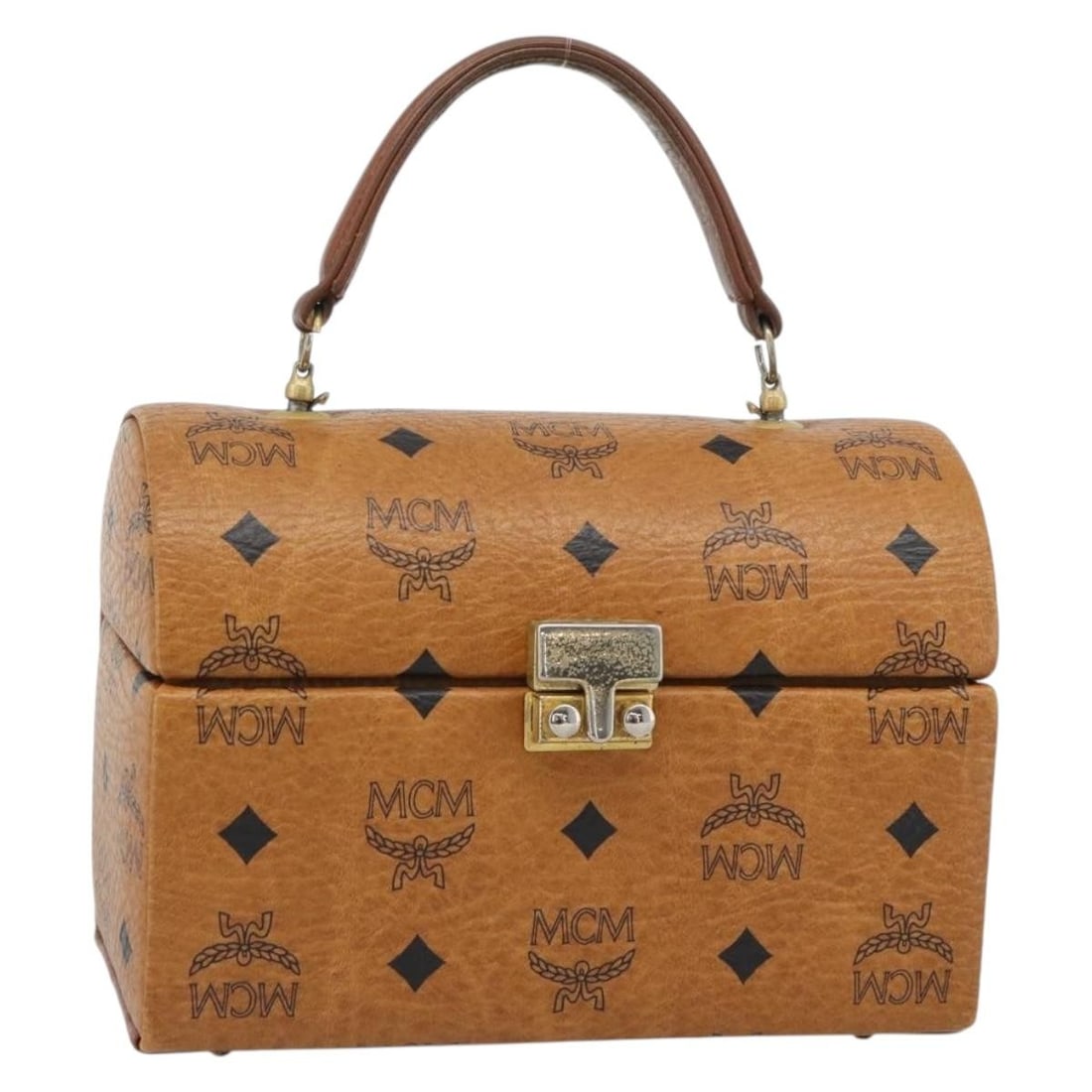 MCM Vicetos Logogram Brown PVC Leather Vanity Hand Bag: MCM Vicetos Logogram Brown PVC Leather Vanity Hand Bag MCM Vicetos logogram vanity hand bag in brown and gold PVC leather. Made in Germany, this hand bag features a vanity-style shape and includes the