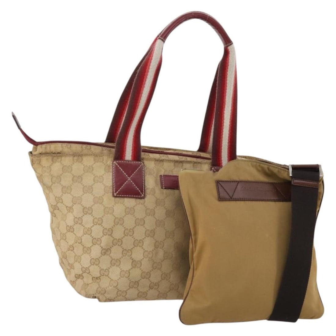 2 Piece Shoulder Bag Set Salvatore Ferragamo Beige Nylon GG Canvas: 2 Piece Shoulder Bag Set Salvatore Ferragamo Beige Nylon GG Canvas Set of two women's shoulder bags in beige nylon and GG canvas, made in Italy. This special set sale includes only the items shown in 