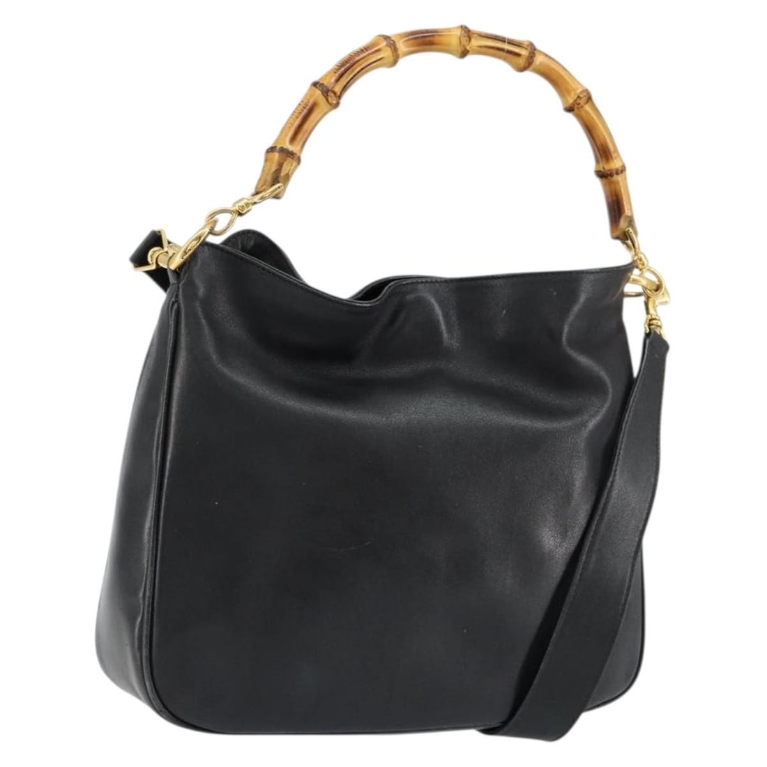 GUCCI Bamboo Hand Bag Leather Black Gold 2way 001 2113 1638 Authentic: GUCCI Bamboo Hand Bag Leather Black Gold 2way 001 2113 1638 Authentic This authentic GUCCI Bamboo Hand Bag is a stunning accessory crafted from high-quality leather, featuring a chic black and gold co